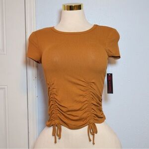 No Boundaries Ruched Short Sleeve Crop Top - Mustard